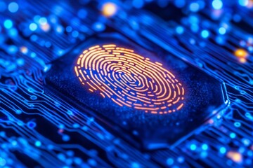 Digital Fingerprint on Circuit Board with Blue Tech Background