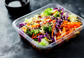 Grab-and-go container with Asian salad made of cabbage, carrots, sesame, and teriyaki sauce