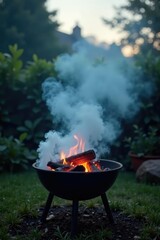 Evening fog rolling in over a coal burning grill in the garden, atmospheric, mysterious