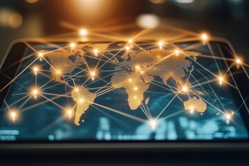 Digital World Map with Global Network Connections and Data Flow