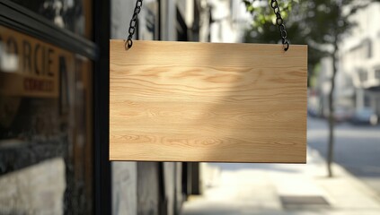 Empty light brown wooden sign hanging outdoors