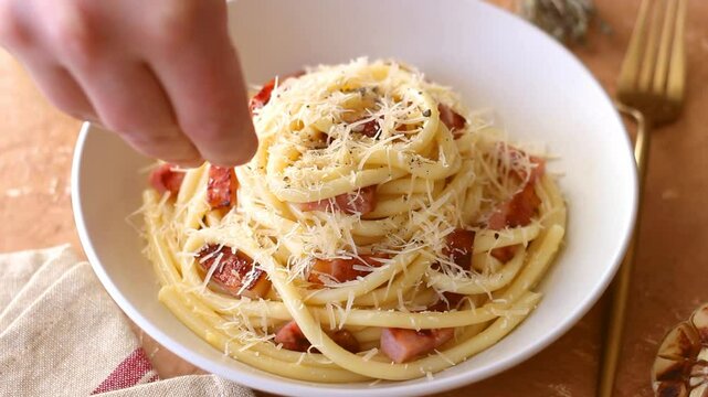 Pasta bucatini carbonara with cheese and pancetta. Italian food.
