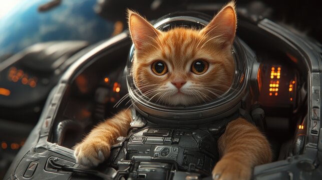 An orange cat wearing a space suit sits comfortably in a spacecraft, gazing out at the stars and planets. The scene showcases a captivating view of the universe.
