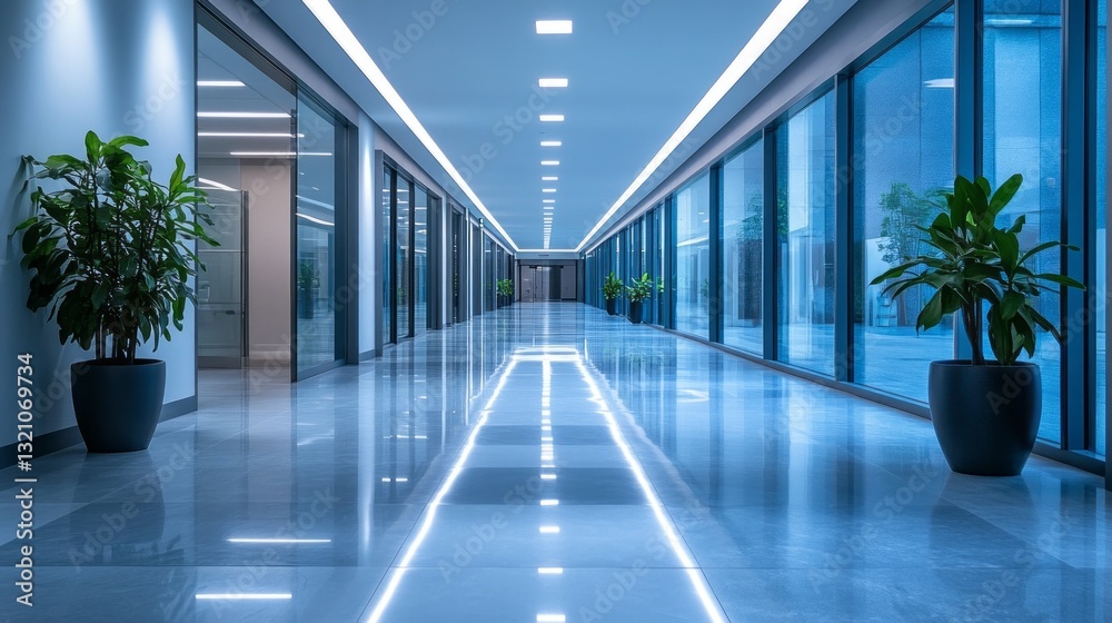 Poster a spacious corridor showcases polished floors reflecting bright lights. floor-to-ceiling windows lin
