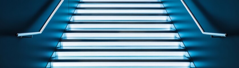 Transparent glass stairs levitating above a city skyline, futuristic urban elegance