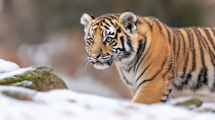 Obraz premium Adorable tiger cub walking in snowy landscape