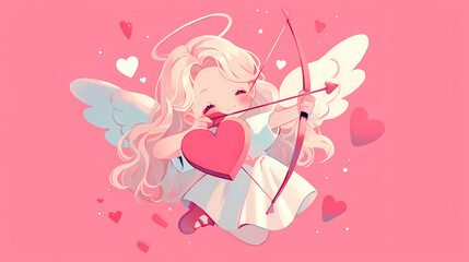 Cute cartoon angel character with bow and heart, surrounded by pink hearts, conveying love and joy