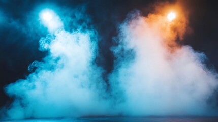Blue and orange smoke illuminated by spotlights