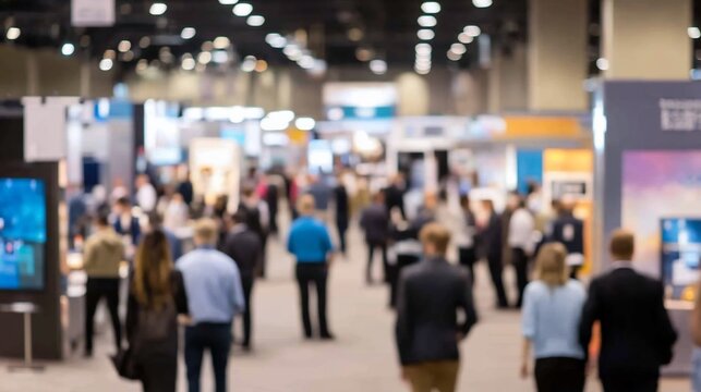 Blurred view of bustling trade show floor with attendees and exhibitors