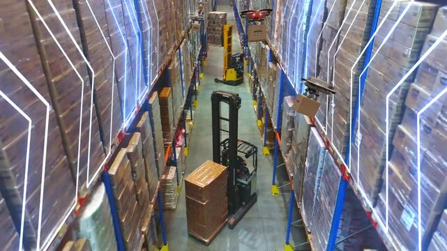The concept of a smart multi-level warehouse. Artificial intelligence manages a large wholesale warehouse. Futuristic warehouse concept. Cargo drones deliver cardboard boxes around the warehouse. 