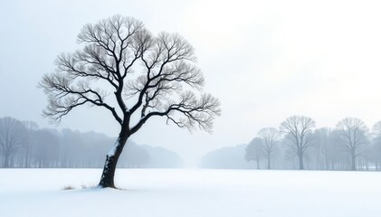 Fototapeta premium Isolated tree branch in stark contrast against a white snowy background with bare trees in the distance, white, forest