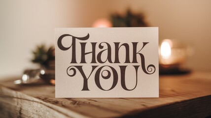 A heartfelt Thank You note, elegantly displayed on a rustic wooden surface, bathed in warm, candlelit ambiance.