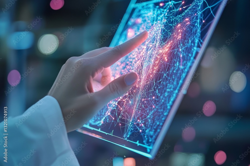 Poster hand interacting with digital data visualization on touchscreen device