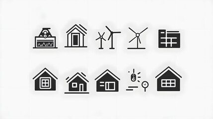 Modern and simple eco-architecture icons for energy-efficient homes, solar panels, wind energy, and environmentally-friendly buildings.