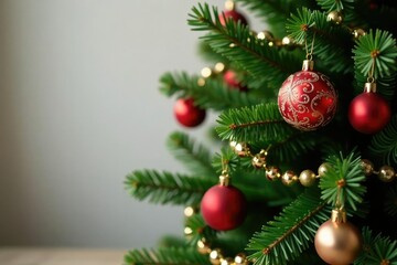 Ornate Christmas tree branch with baubles and garlands, ornaments, festive