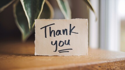 A heartfelt thank you note, written on a rustic piece of paper, rests on a wooden surface near a leafy plant, a simple gesture of gratitude.
