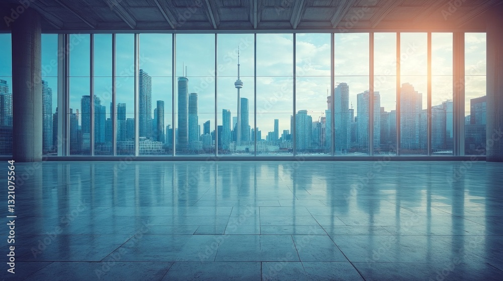 Poster bright sunlight streams through large windows, illuminating a spacious interior