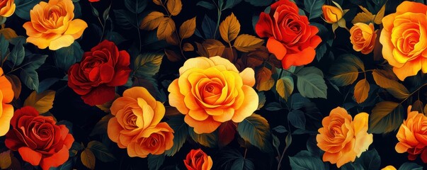 Vibrant red and yellow roses with green leaves on dark background