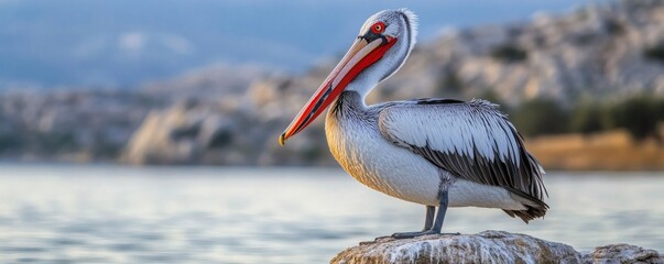 A beautiful pelican stands gracefully near a body of water