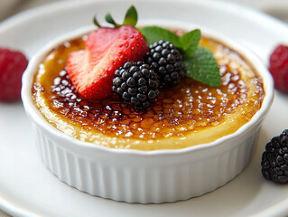 A classic crème brûlée dessert with a golden caramelized sugar topping that enhances the velvety custard texture making it a luxurious gourmet French sweet treat for special occasions