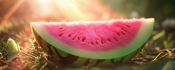 Fresh watermelon slice in sunlit garden with dewy summer morning atmosphere
