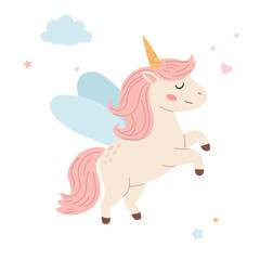 Cute cartoon unicorn with rainbow mane and horn. Vector illustration