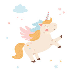 Cute cartoon unicorn with rainbow mane and horn. Vector illustration