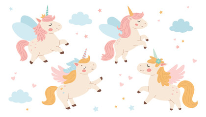 Set of cute unicorns with wings. Unicorn stickers set. Childish vector illustration