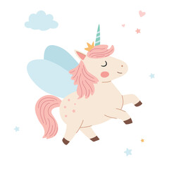 Cute cartoon unicorn with rainbow mane and horn. Vector illustration