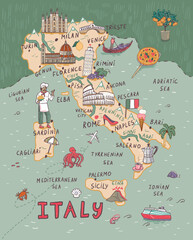 Italy travel hand drawn doodle map with famous landmarks and names