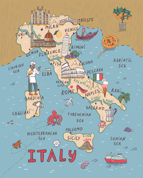 Traveling around the world. Vector illustration of a map of Italy.