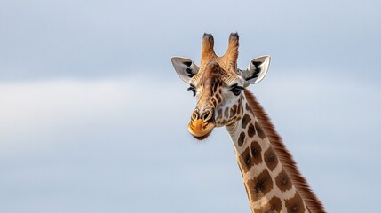 Naklejka premium Close-up of a giraffe's head and neck against a pale sky