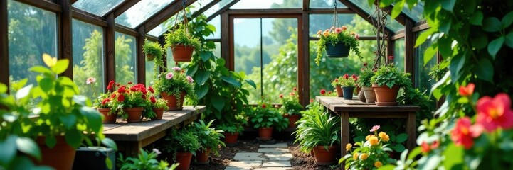Small metal greenhouse with plants and flowers, small decorative items, trellises and arbors