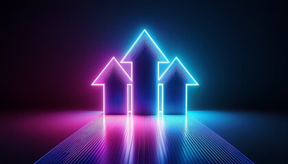 Striking 3D illustration of abstract neon arrows in vibrant blue and purple arranged in a tech grid pattern against a dark background. Futuristic and dynamic