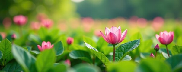 Obraz premium Small pink flowers peeking through big leaves, flower field, blossoms