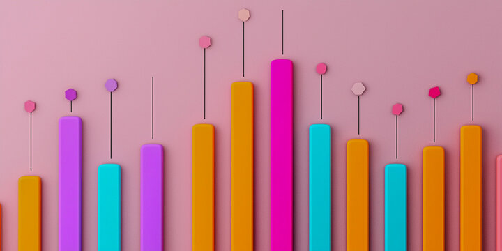 A vibrant graphic showing colorful vertical bars of varying heights against a pink background, suggesting statistical data or performance metrics.