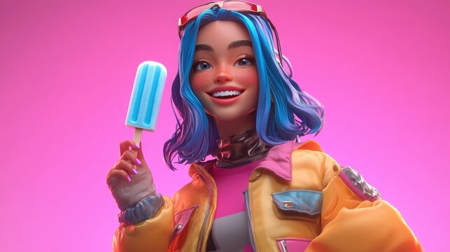 Cool girl with vibrant style enjoys a popsicle