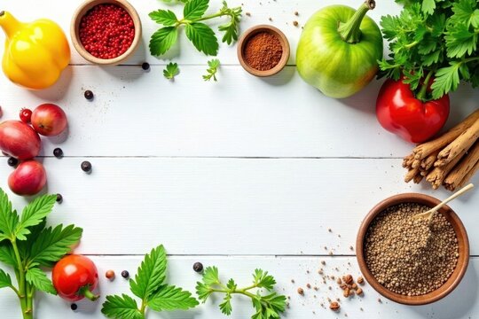 Clean white table, neatly arranged herbs & spices, basil, cumin