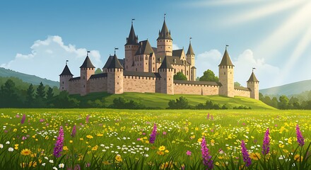 Obraz premium Majestic Castle on Hilltop Overlooking Meadow Filled with Colorful Wildflowers