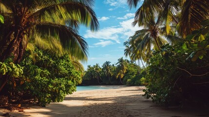 Fototapeta premium Secluded Tropical Beach Paradise with Palm Trees and Turquoise Water in Costa Rica.
