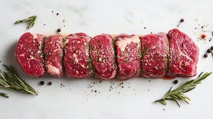 A fresh and raw beef tenderloin, presented whole and ready for cooking, isolated against a white background.