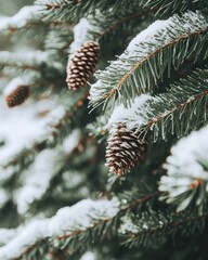 Snowy Pine Branches and Cones Winter Nature Background