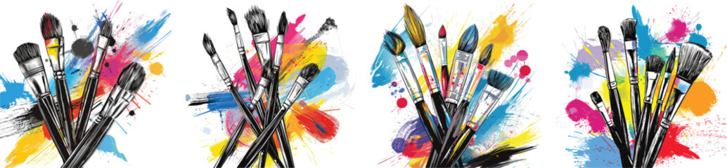 Fototapeta premium Paint Brushes Vector Illustration with Colorful Splatters on White