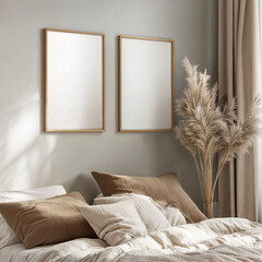 Two wooden frames above a cozy bed with pampas grass, natural tones, and soft textiles.
