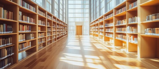 Obraz premium Sunlit library with rows of bookshelves.