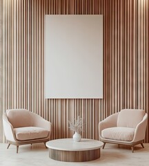 Modern, minimalist living room with wooden wall panels, light beige seating, and a blank canvas