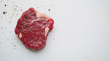 A fresh, raw beef steak presented from a top-down perspective, isolated on a white background. 