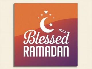 Fototapeta premium Blessed Ramadan in modern script with crescent moon and stars