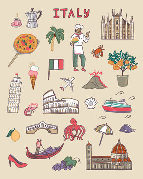 Italy travel hand drawn doodle icons set. Vector illustration.