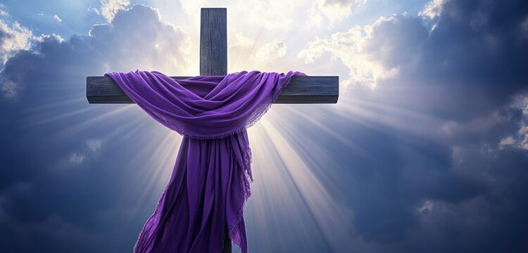 Good friday, Christian Cross with Purple Drape Against Sky and Sun Rays Symbol